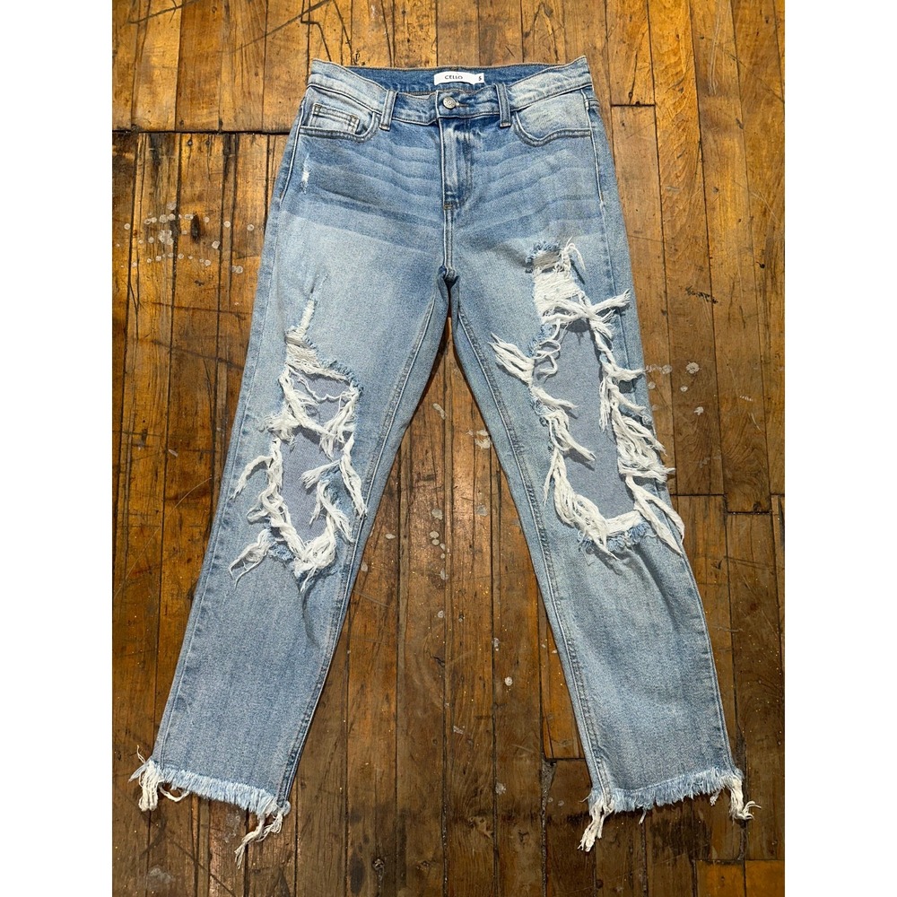 Cello Jeans Women's Size 5 Blue Denim Flat Front Distressed Ripped Straight Leg